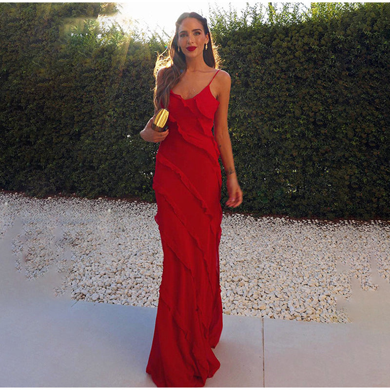 Abito Lungo Elegante Donna con Volant Asimmetrici per Cerimonia Estiva 1