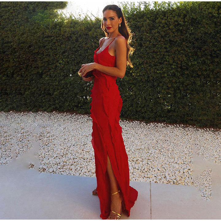Abito Lungo Elegante Donna con Volant Asimmetrici per Cerimonia Estiva 2