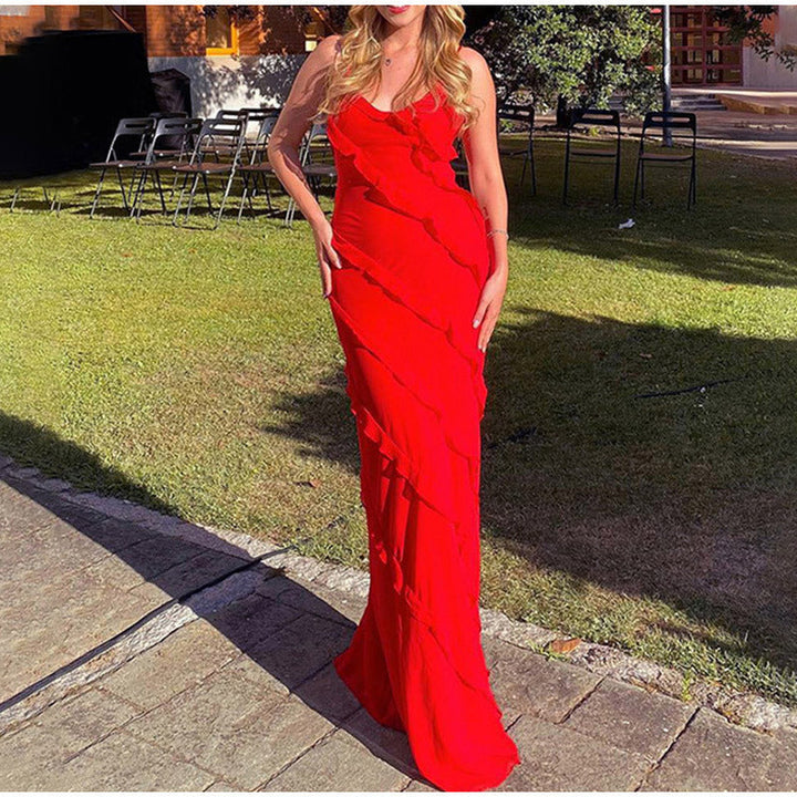 Abito Lungo Elegante Donna con Volant Asimmetrici per Cerimonia Estiva 3