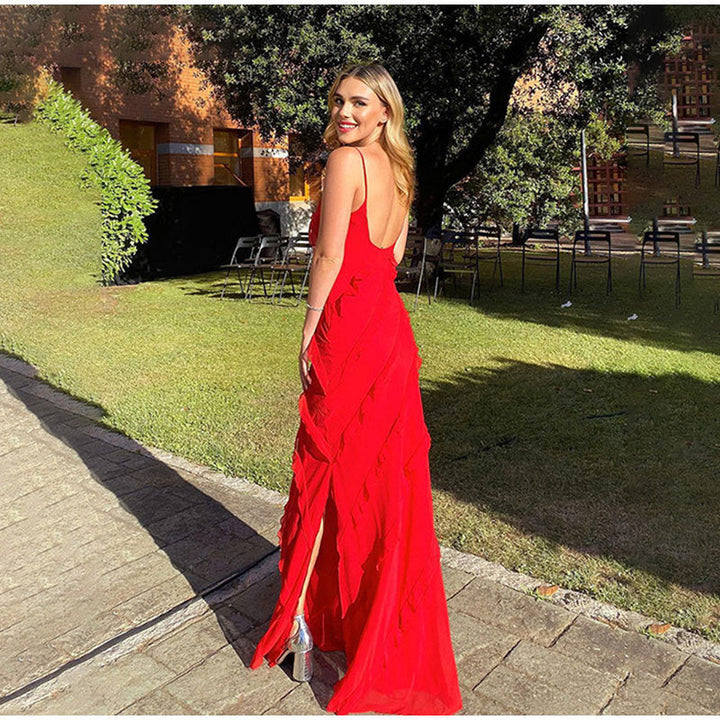 Abito Lungo Elegante Donna con Volant Asimmetrici per Cerimonia Estiva 4