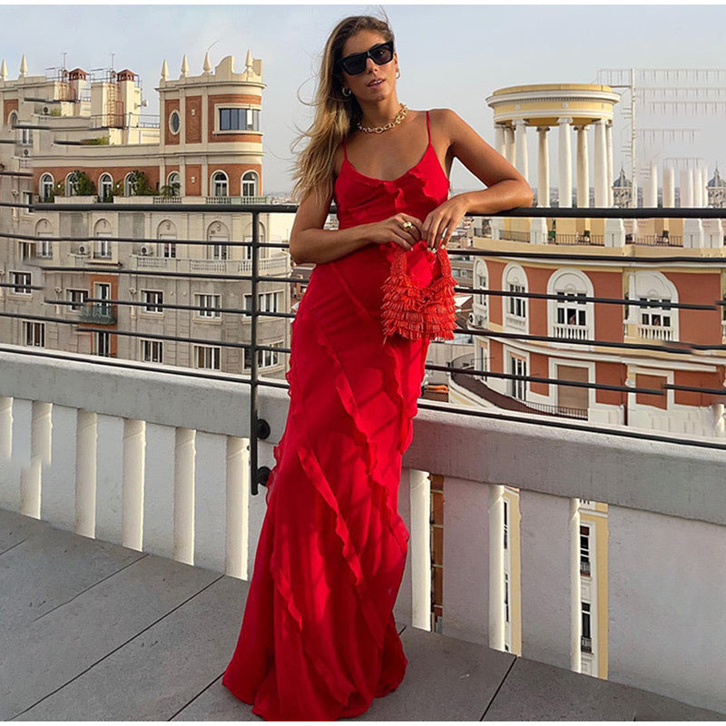 Abito Lungo Elegante Donna con Volant Asimmetrici per Cerimonia Estiva 7