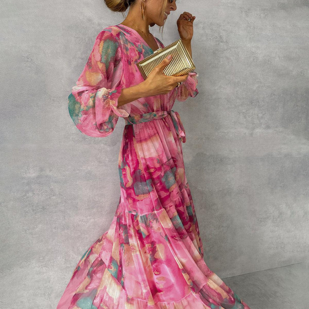 Robe Maxi Femme Florale avec Manches Longues - Robe Élégante Cérémonie et Occasions Spéciales