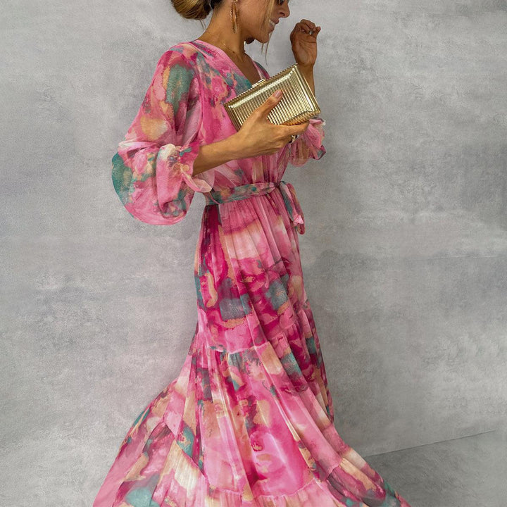 Robe Maxi Femme Florale avec Manches Longues - Robe Élégante Cérémonie et Occasions Spéciales