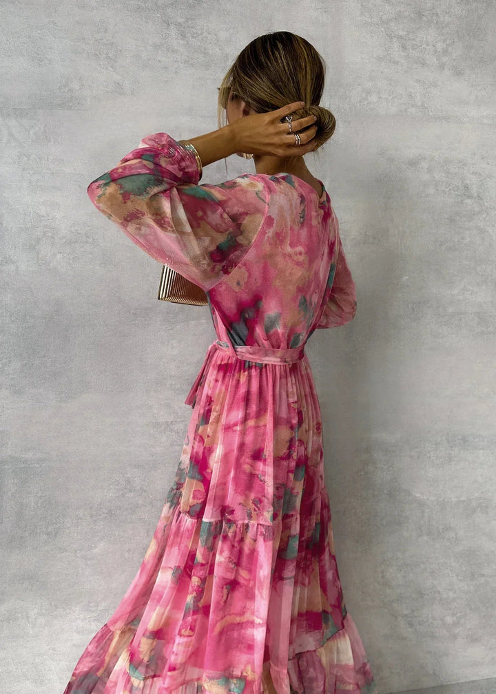 Robe Maxi Femme Florale avec Manches Longues - Robe Élégante Cérémonie et Occasions Spéciales
