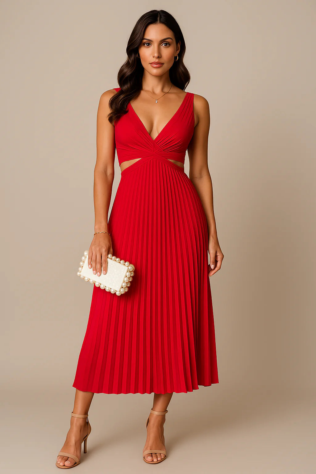 Vestido midi plisado elegante para mujer para ceremonias y ocasiones especiales