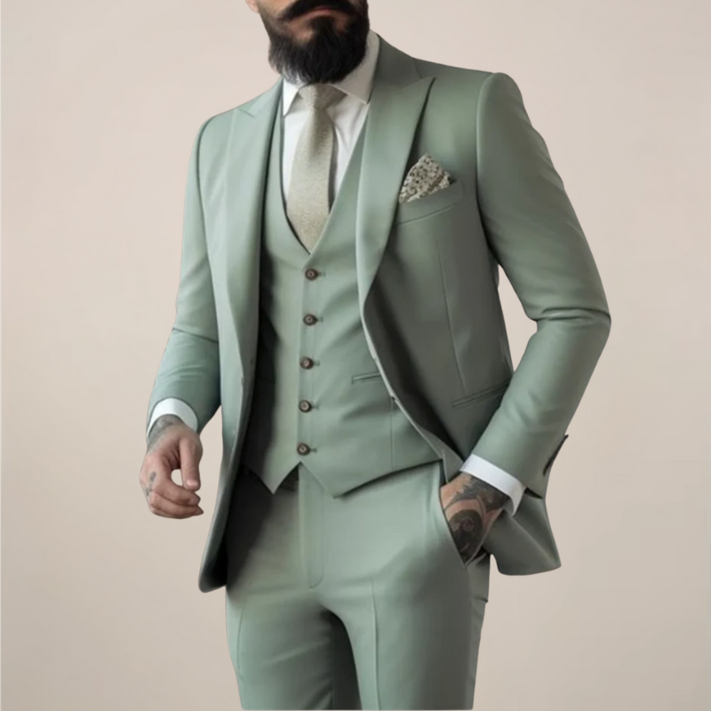 Elegante Abito da Uomo Slim Fit a Tre Pezzi Color Verde Salvia