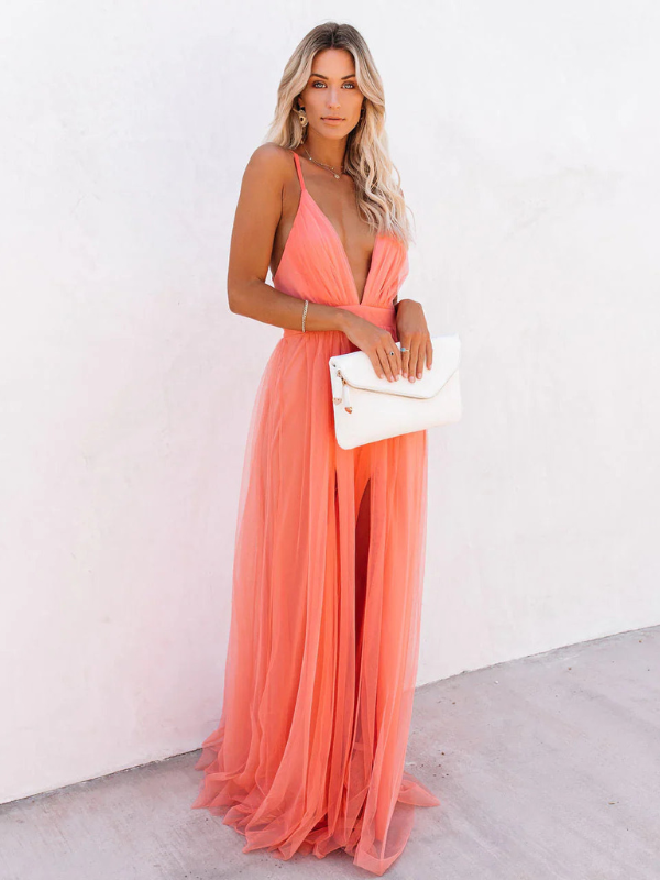 Élégante robe de cérémonie longue pour femme avec col en V, parfaite pour mariages et événements spéciaux