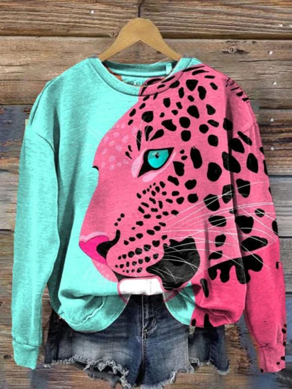 Sudadera para mujer con estampado animal y cuello redondo, elegante y versátil, mangas largas