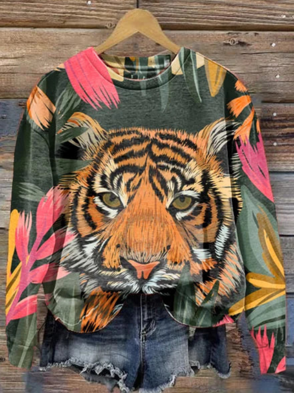 Sudadera para mujer con estampado animal y cuello redondo, elegante y versátil, mangas largas
