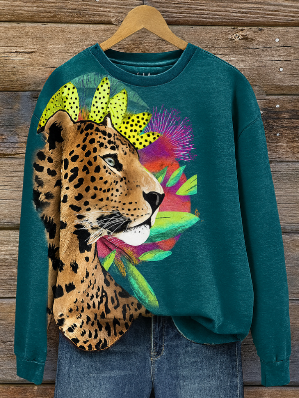 Sudadera para mujer con estampado animal y cuello redondo, elegante y versátil, mangas largas