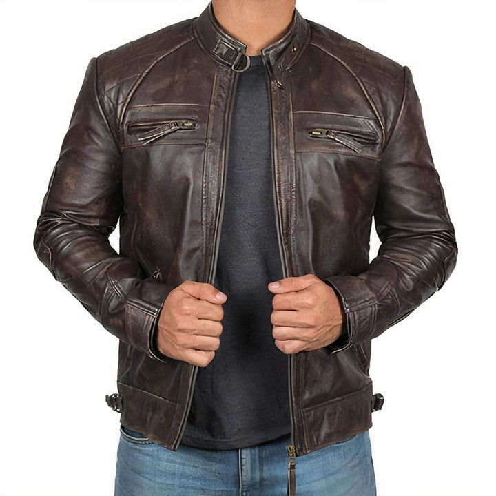Giacca Moto Pelle Uomo con Tasche e Cerniera - Giacca da Motociclista Slim-Fit 0