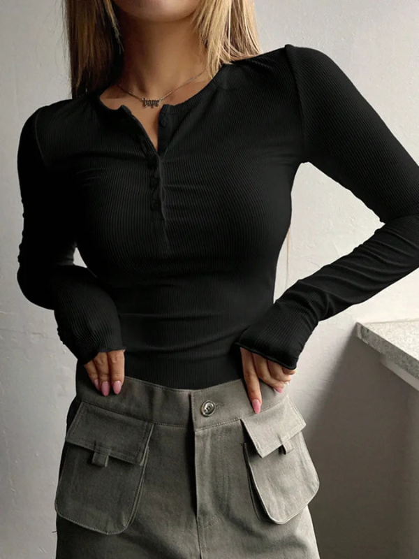 Camisetas de Mujer Slim Fit de Manga Larga con Cuello Henley