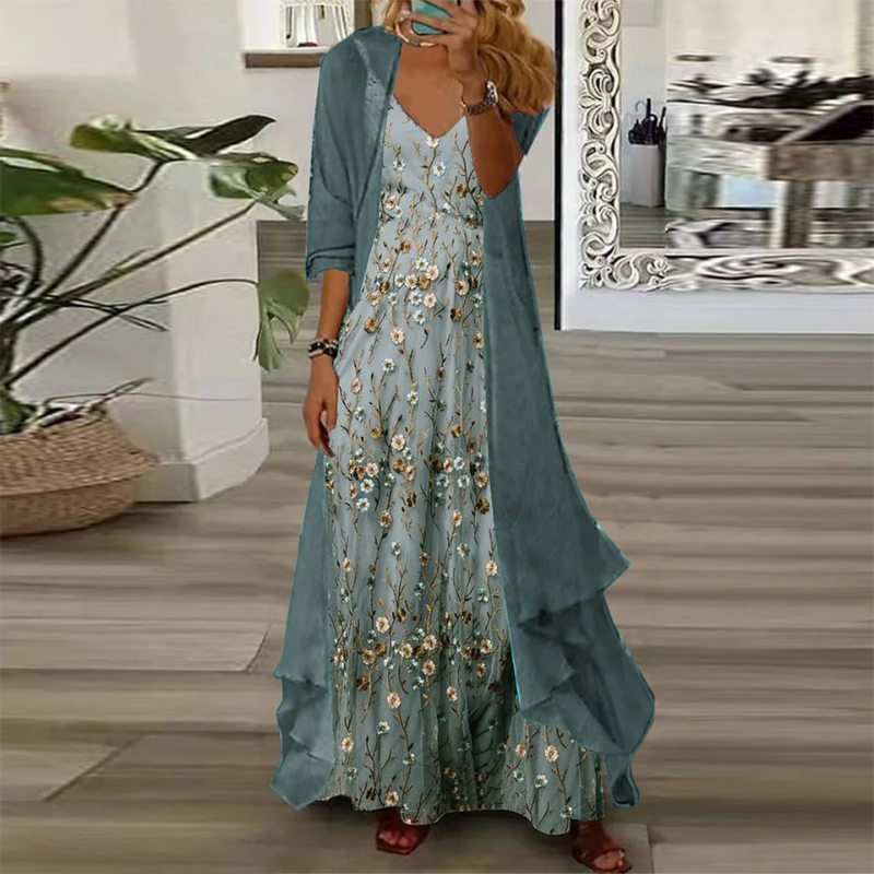 Maxi Kleid für feierliche Anlässe mit Blütenmuster für Damen mit Jacke für elegante Sommeranlässe - Set aus 2 Teilen