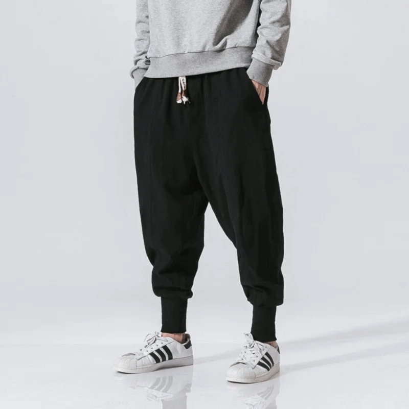Pantalones de Hombre Japoneses Estilo Kenji Relajados con Entrepierna Baja y Puños Elásticos
