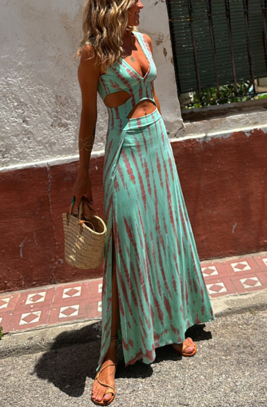 Vestido Mujer Elástico con Apertura y Diseño Moderno, Motivo Tie-Dye, Ropa Elegante para Ocasiones Especiales