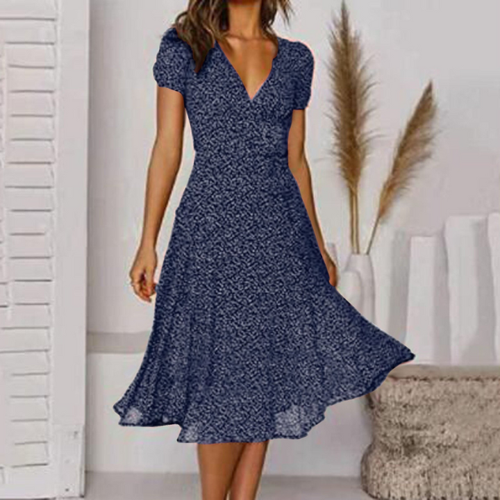 Elegantes Sommerkleid für Damen mit V-Ausschnitt und Blumenmuster - Elegante A-Linien-Kleider für Damen
