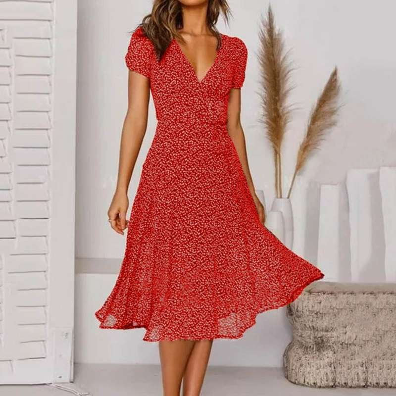 Elegantes Sommerkleid für Damen mit V-Ausschnitt und Blumenmuster - Elegante A-Linien-Kleider für Damen