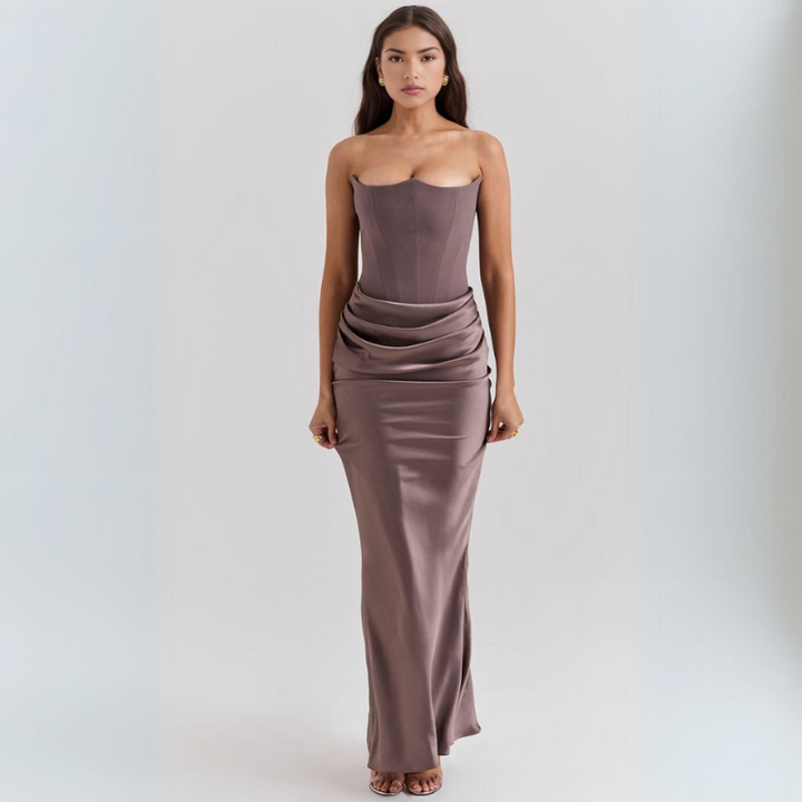 Abito Maxi Ohne Träger für Frauen mit Drapierung und Korsett-Oberteil, Elegant und Raffiniert