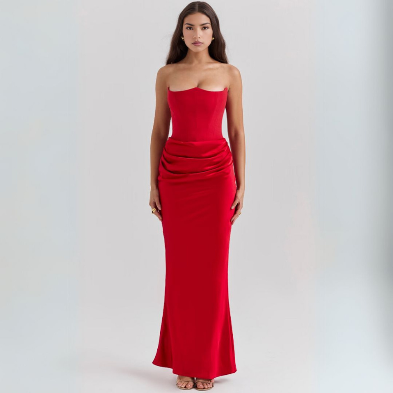 Abito Maxi Ohne Träger für Frauen mit Drapierung und Korsett-Oberteil, Elegant und Raffiniert