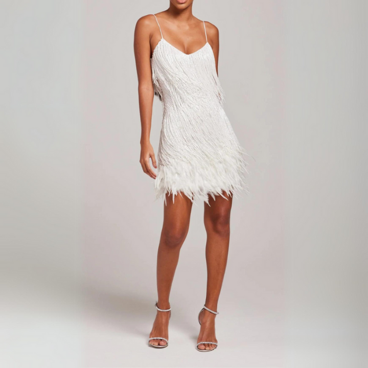 Abito Mini Elegante Damen mit Fransen und Federn für Feste - Glänzendes Kleid für Besondere Anlässe