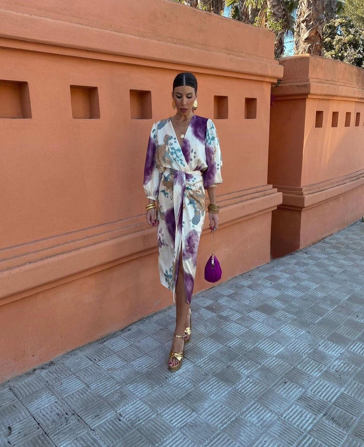 Abito Portafoglio Donna Elegante con Stampa Colorata e Scollo a V per Cerimonia e Occasioni Speciali 0
