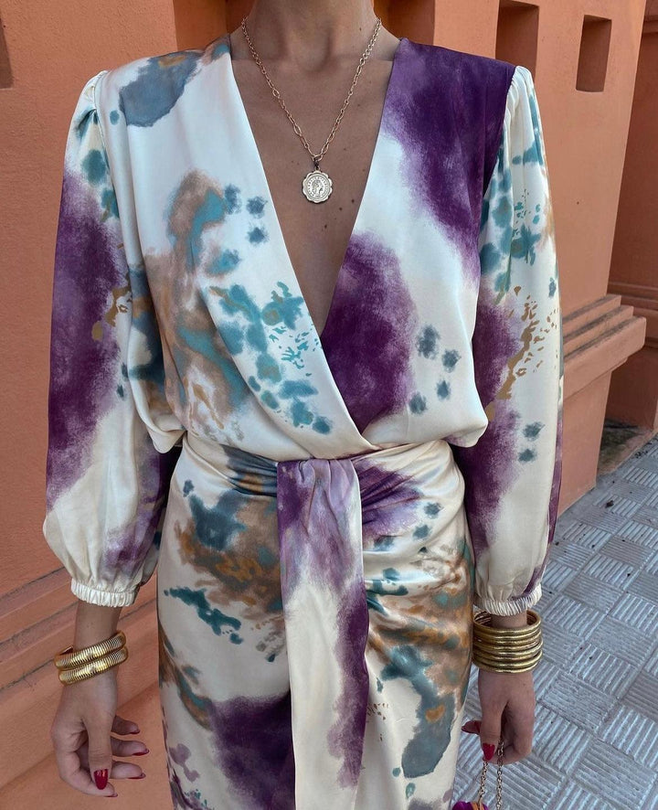 Abito Portafoglio Donna Elegante con Stampa Colorata e Scollo a V per Cerimonia e Occasioni Speciali 1