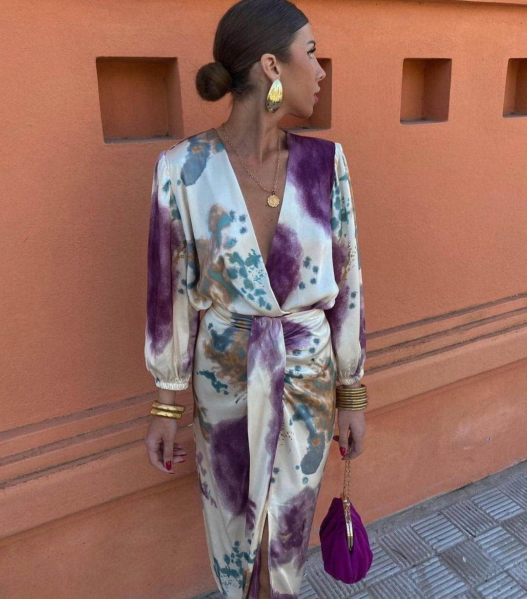 Abito Portafoglio Donna Elegante con Stampa Colorata e Scollo a V per Cerimonia e Occasioni Speciali 2