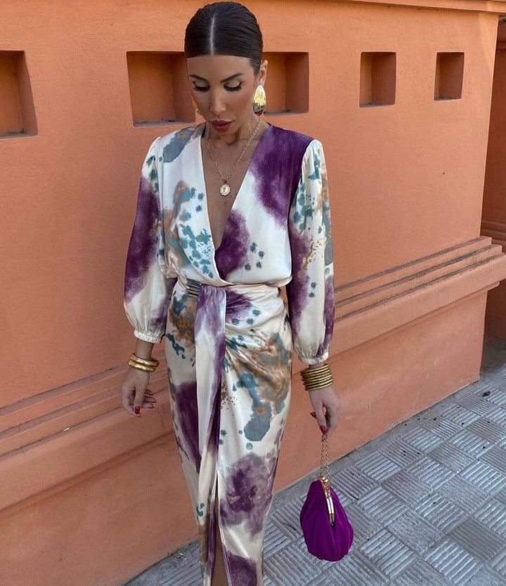 Abito Portafoglio Donna Elegante con Stampa Colorata e Scollo a V per Cerimonia e Occasioni Speciali 3