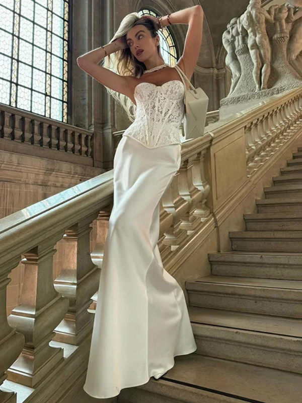 Abito da Donna Elegante a Due Pezzi con Top Senza Spalline e Gonna Slim per Cerimonia