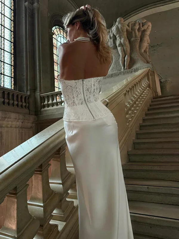 Abito da Donna Elegante a Due Pezzi con Top Senza Spalline e Gonna Slim per Cerimonia