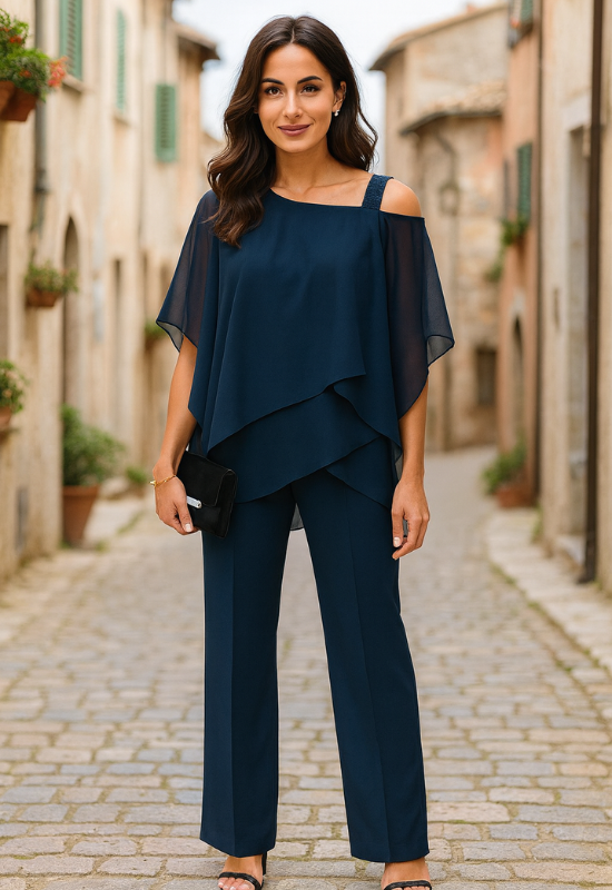 Abito da Donna Elegante in Chiffon con Pantaloni per Cerimonia e Occasioni Speciali