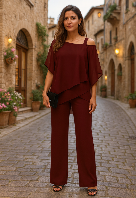 Abito da Donna Elegante in Chiffon con Pantaloni per Cerimonia e Occasioni Speciali