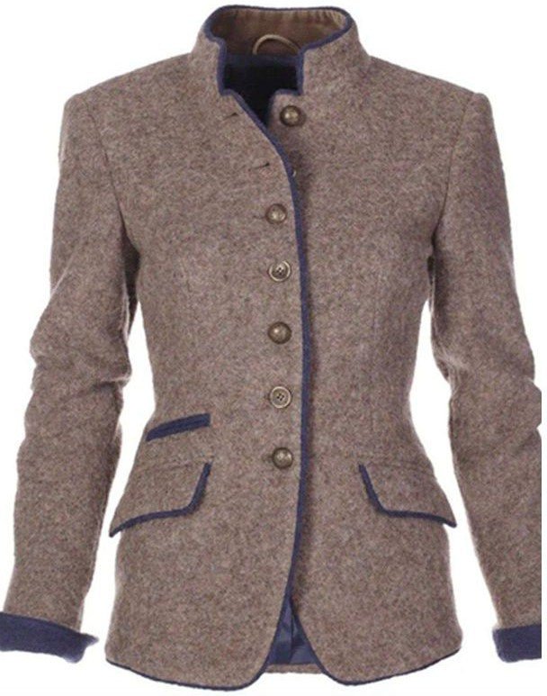 Blazer Donna Vintage Elegante con Colletto Alto e Combinazione di Colori Bicolore 0