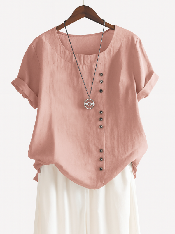 Blusa Donna Elegante a Manica Corta con Chiusura a Bottoni e Scollo Rotondo