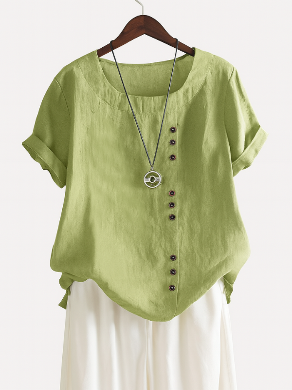 Blusa Donna Elegante a Manica Corta con Chiusura a Bottoni e Scollo Rotondo