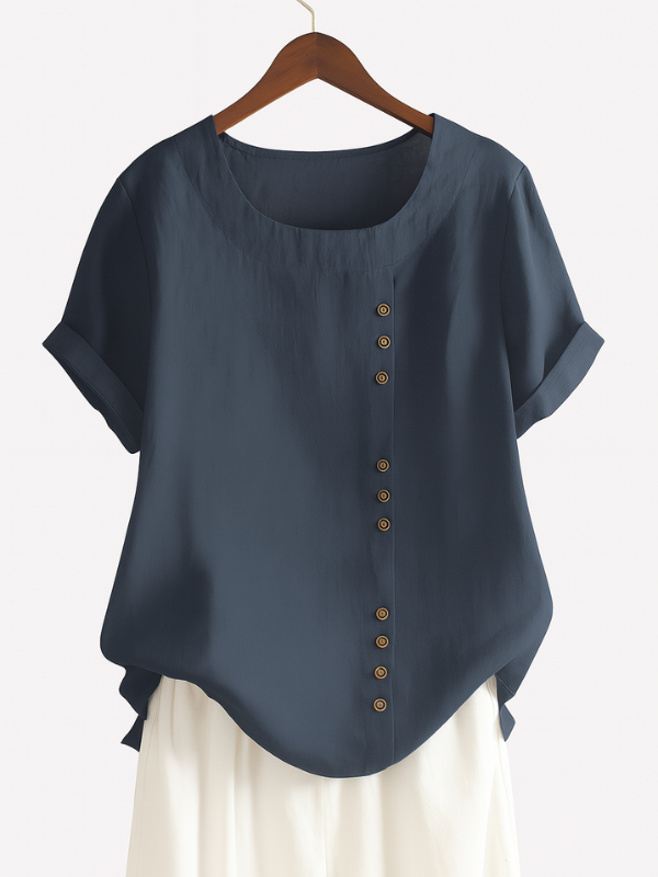 Blusa Donna Elegante a Manica Corta con Chiusura a Bottoni e Scollo Rotondo
