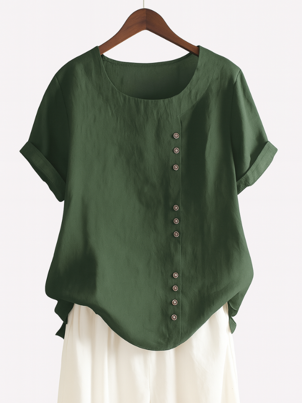 Blusa Donna Elegante a Manica Corta con Chiusura a Bottoni e Scollo Rotondo
