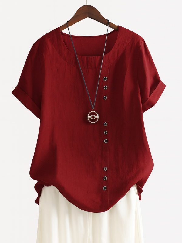 Blusa Donna Elegante a Manica Corta con Chiusura a Bottoni e Scollo Rotondo