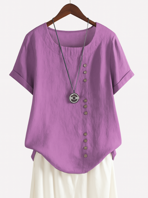 Blusa Donna Elegante a Manica Corta con Chiusura a Bottoni e Scollo Rotondo
