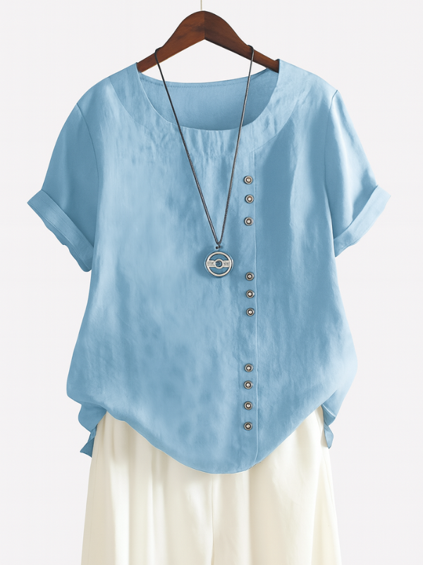 Blusa Donna Elegante a Manica Corta con Chiusura a Bottoni e Scollo Rotondo