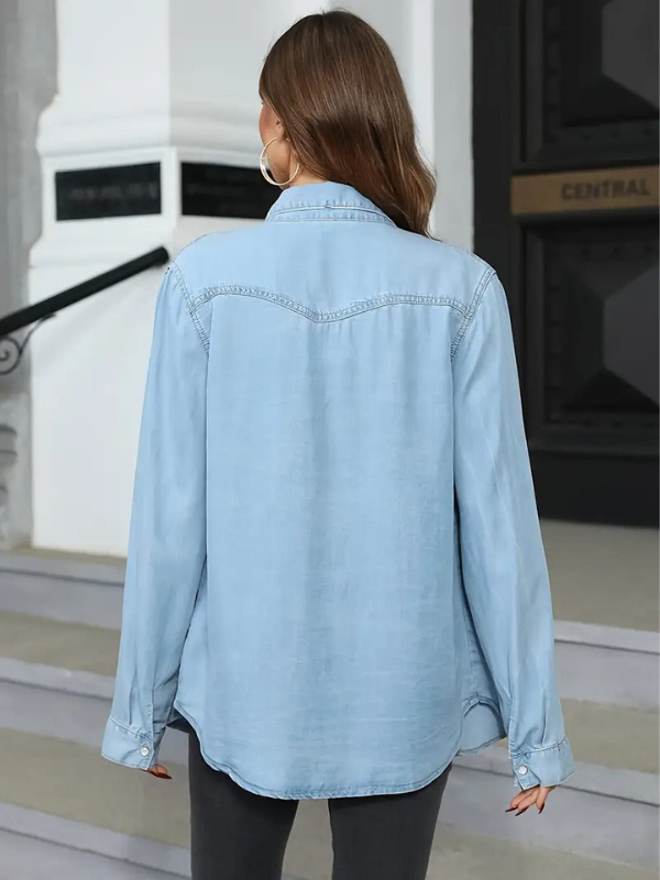 Blusa Donna in Denim Casual con Maniche Lunghe e Chiusura a Bottoni
