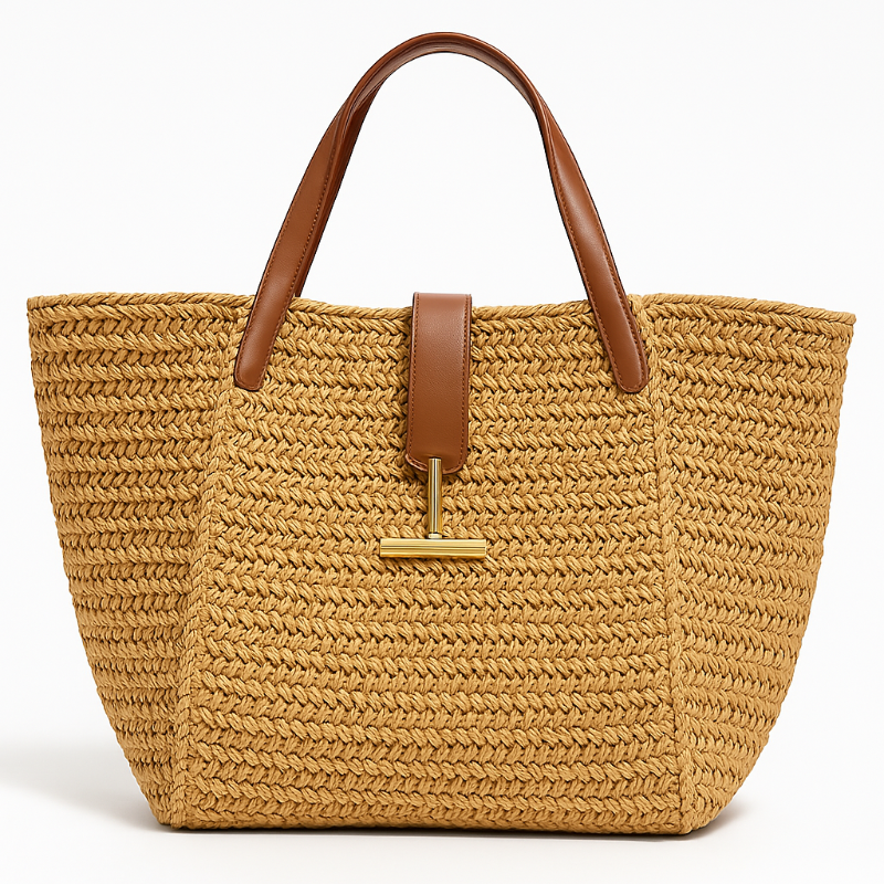 Borsa Tote Estiva in Paglia Intrecciata con Manici in Ecopelle, Grande Volume, Ideale per Spiaggia e Brunch 0