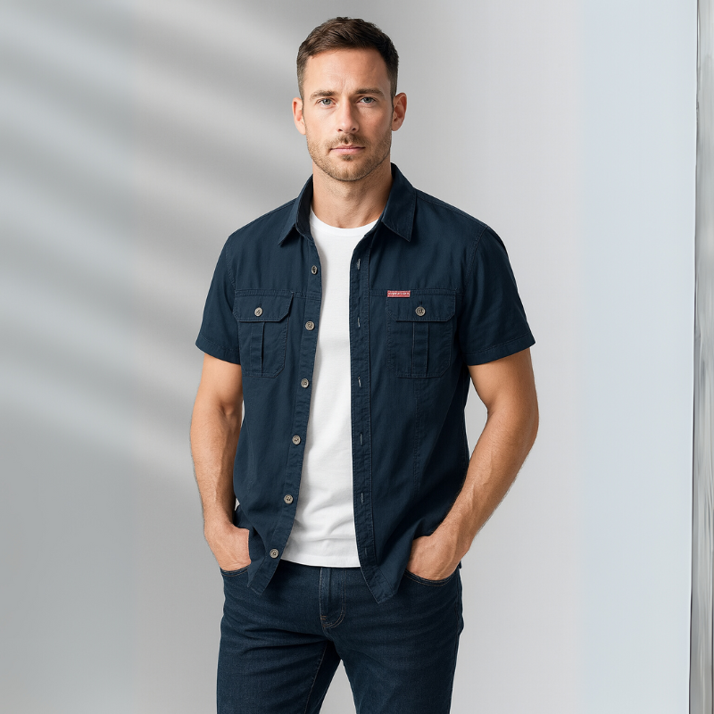 Herren Kurzarm Baumwollhemd mit Taschen