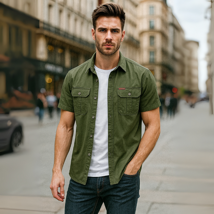 Herren Kurzarm Baumwollhemd mit Taschen