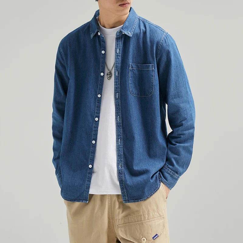 Herren Denim Baumwollhemd mit langen Ärmeln und Knopfmanschetten