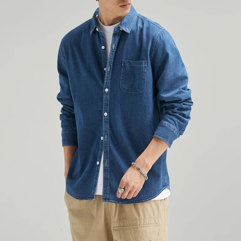 Herren Denim Baumwollhemd mit langen Ärmeln und Knopfmanschetten