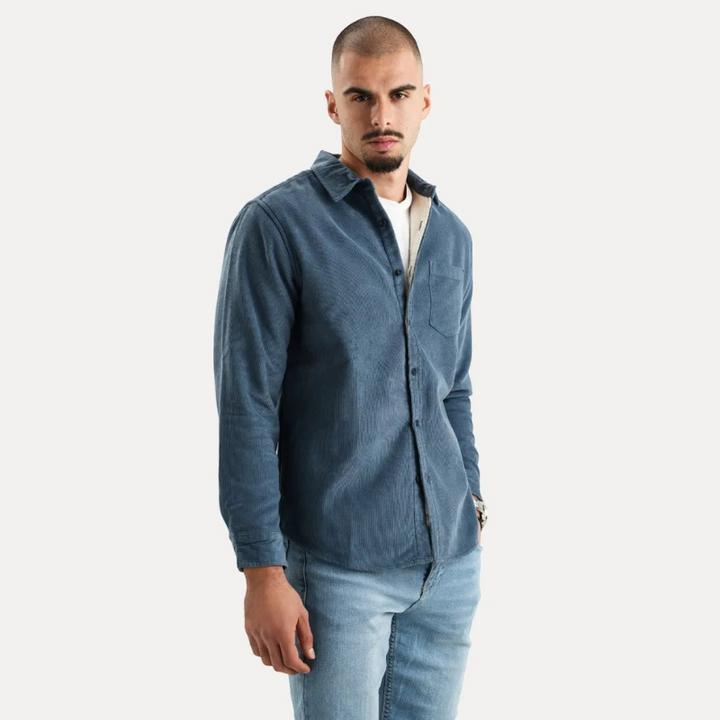 Camicia Uomo a Maniche Lunghe in Velluto a Coste con Fodera Interna in Pelliccia, Stile Casual