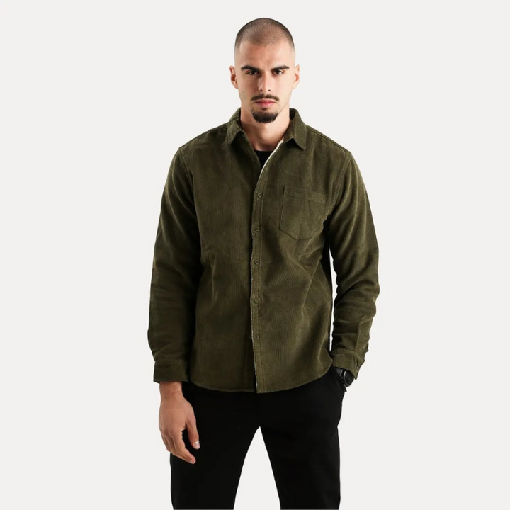Camicia Uomo a Maniche Lunghe in Velluto a Coste con Fodera Interna in Pelliccia, Stile Casual