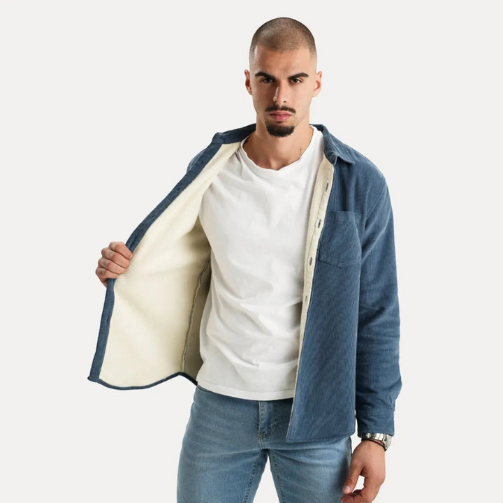 Camicia Uomo a Maniche Lunghe in Velluto a Coste con Fodera Interna in Pelliccia, Stile Casual