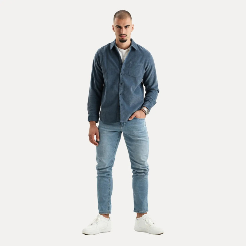 Camicia Uomo a Maniche Lunghe in Velluto a Coste con Fodera Interna in Pelliccia, Stile Casual